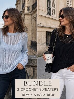 Women’s Crochet Crewneck Sweaters — Baby Blue & Black (Set of 2)